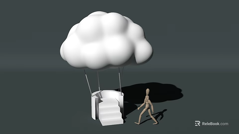 White Cloud Shaped Object With Staircase And Wooden Human Figure Walking With Shadow 3d model