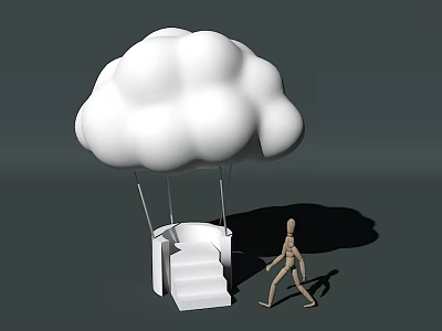 White Cloud Shaped Object With Staircase And Wooden Human Figure Walking With Shadow 3d model