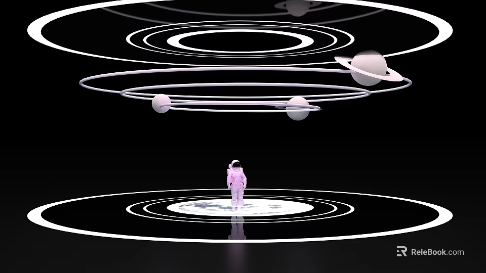 Man in Pink Spacesuit Standing on Circular Platform with Planets and Orbital Rings 3d model 