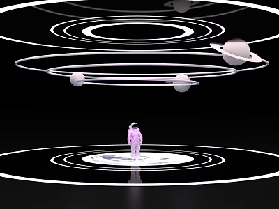 Man in Pink Spacesuit Standing on Circular Platform with Planets and Orbital Rings 3d model
