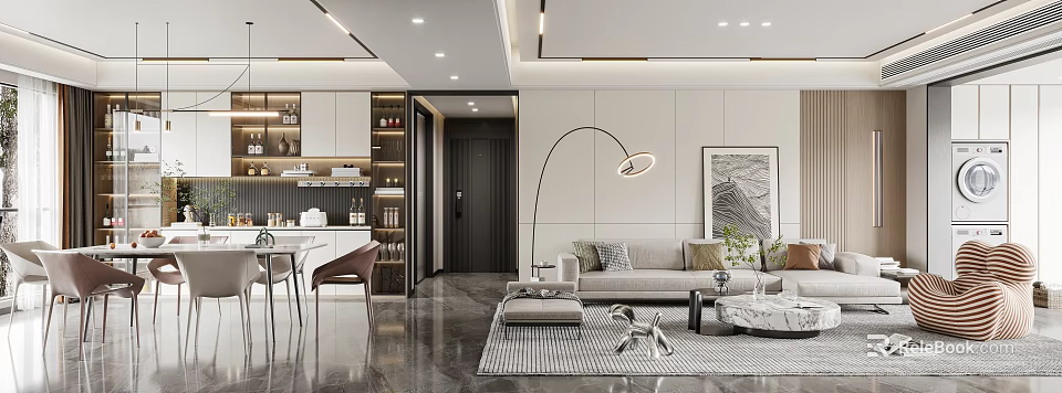 Modern Living Dining Room Interior With Sofa Coffee Table Dining Chairs And Decorative Painting 3d model 