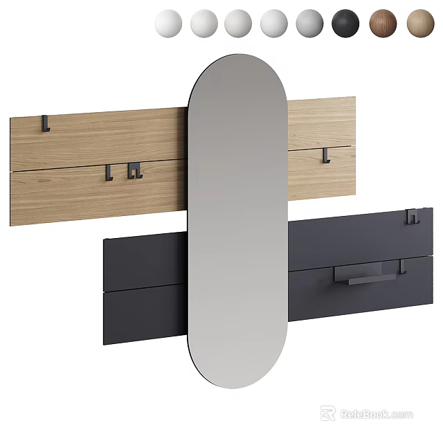 Oval Modern Wall Mounted Mirror With Wooden Black Storage Cabinets Hooks And Drawers 3d model 