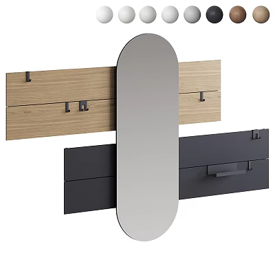 Oval Modern Wall Mounted Mirror With Wooden Black Storage Cabinets Hooks And Drawers 3d model