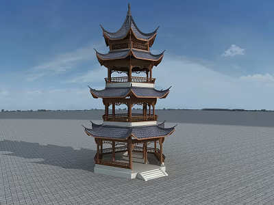 Traditional Chinese Multi Tiered Tower With Wooden Structure And Overhanging Eaves In Open Square 3d model