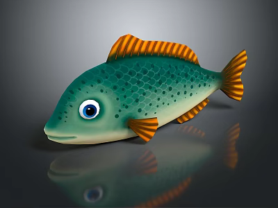 3D Cartoon Fish With Green Body Orange Fins Blue Eyes And Spots On Dark Background 3d model