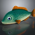3D Cartoon Fish With Green Body Orange Fins Blue Eyes And Spots On Dark Background