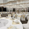 Elegant Banquet Hall Decor With Hanging Chandeliers Floral Arrangements And Gold Accents