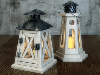 Wooden Table Lamps With Black Roof Design And Lit Yellow Light For Home Decor 3d model