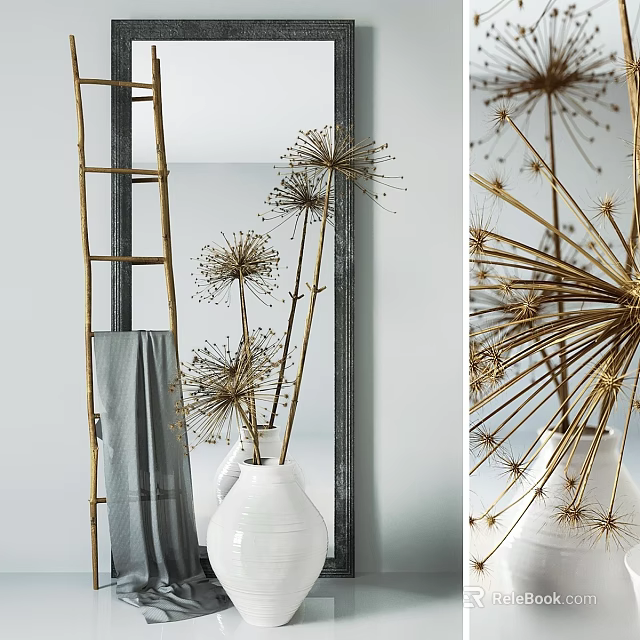 Decorative Ornament Combination With White Vase Golden Dried Floral Stems Bamboo Ladder And Gray Towel 3d model 