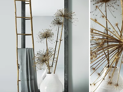 Decorative Ornament Combination With White Vase Golden Dried Floral Stems Bamboo Ladder And Gray Towel 3d model
