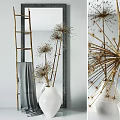 Decorative Ornament Combination With White Vase Golden Dried Floral Stems Bamboo Ladder And Gray Towel