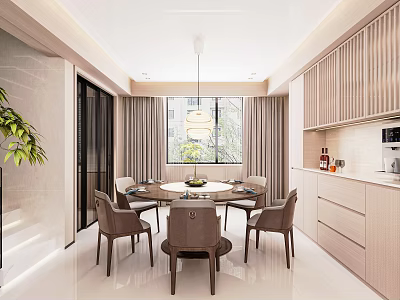 Modern Dining Room Interior With Round Table Chairs Hanging Light Window And Cabinets 3d model