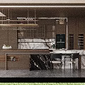 Modern Bar Area With Dark Brown Cabinetry Marble Countertop And Hanging Wine Glass Rack