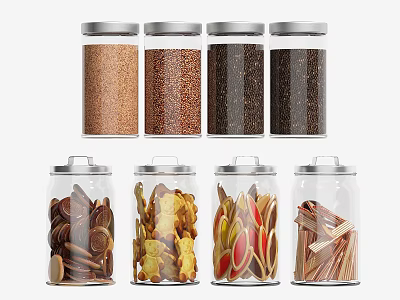 Clear Glass Spice Jars with Assorted Spices and Herbs for Kitchen Storage 3d model