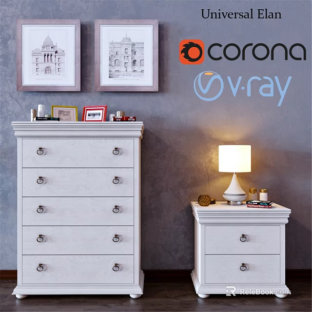 Modern White Dresser With Multiple Drawers And Decorative Items On Top Beside Small Side Cabinet 3d model 