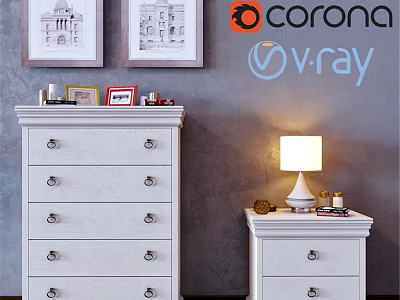 Modern White Dresser With Multiple Drawers And Decorative Items On Top Beside Small Side Cabinet 3d model