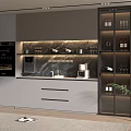 Modern Kitchen Interior With Glass Door Wine Cabinet And Marble Countertop