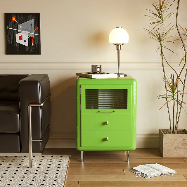 Modern Green Nightstand With Glass Door Cabinet Drawers Metal Legs And Table Lamp 3d model 