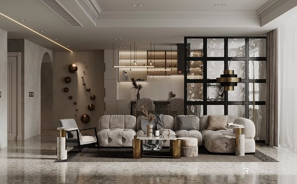Modern Living Dining Room Interior With Cozy Sofa Coffee Table Pendant Lights And Decorative Ornaments 3d model 