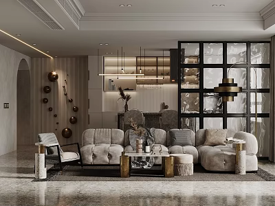 Modern Living Dining Room Interior With Cozy Sofa Coffee Table Pendant Lights And Decorative Ornaments 3d model