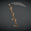 Elegant Scythe Design With Silver Blade And Golden Skeletal Hand Handle On Black Background