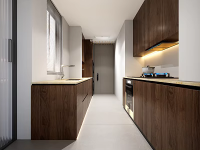 Modern Kitchen Interior With Wooden Cabinets Countertop Stove Oven Window And Lighting 3d model