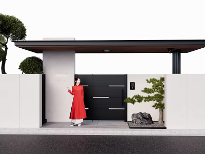 Modern Black Entrance Gate With White Walls Green Plants And Person In Red 3d model