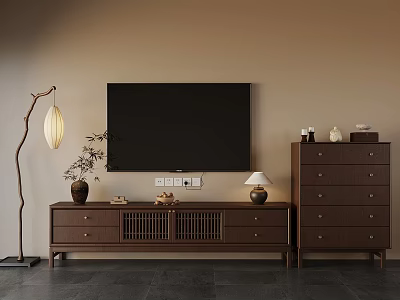 Modern Living Room Interior With TV Cabinet Chest Of Drawers Floor Lamp And Decorations 3d model