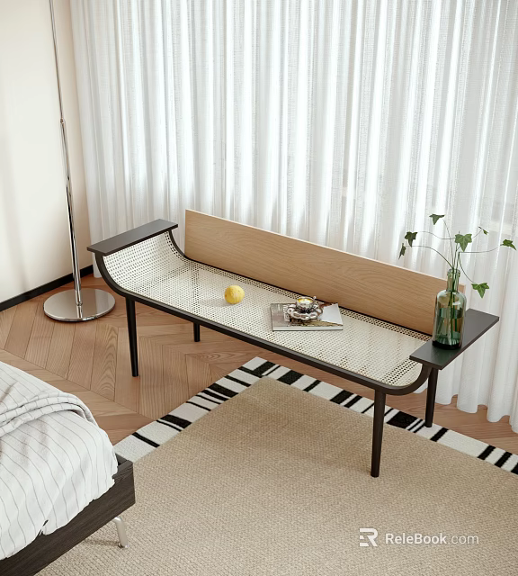 Stylish Metal Framed Wooden Bench In Modern Room With White Curtains Patterned Rug Lemon Tray 3d model 