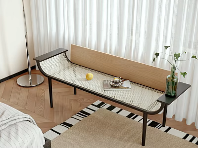 Stylish Metal Framed Wooden Bench In Modern Room With White Curtains Patterned Rug Lemon Tray 3d model