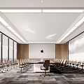 Modern Conference Room With Large Windows City View Long Table And Wooden Chairs