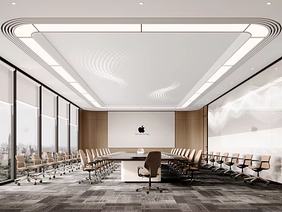 Modern Conference Room With Large Windows City View Long Table And Wooden Chairs 3d model