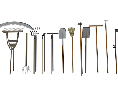 Essential Garden Tools Collection Featuring Rakes Shovels And Hoes For Home Gardening 3d model