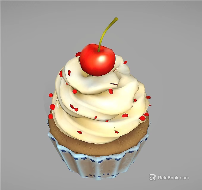 Delicious Cupcake Topped With Whipped Cream Fresh Cherry And Red Sprinkles 3d model 