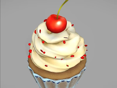 Delicious Cupcake Topped With Whipped Cream Fresh Cherry And Red Sprinkles 3d model