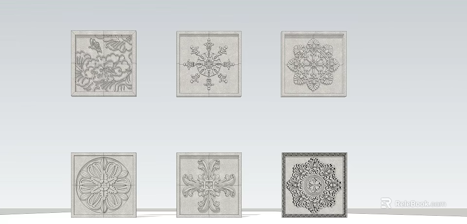 Intricate Carved Decorative Patterns with Various Floral and Snowflake Designs on Square Panels 3d model 