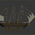 Wooden Sailing Ship Model With Multiple White Sails On Display Base