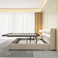 Modern Double Bed with Leather Headboard Slatted Frame Storage Space and Nightstand Table Lamp