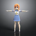 3D Fictional Character Creature With Orange Hair Blue School Uniform Standing Arms Outstretched Dark Background