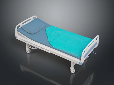 Medical Hospital Bed With White Frame Blue Mattress Turquoise Cover And Wheels 3d model