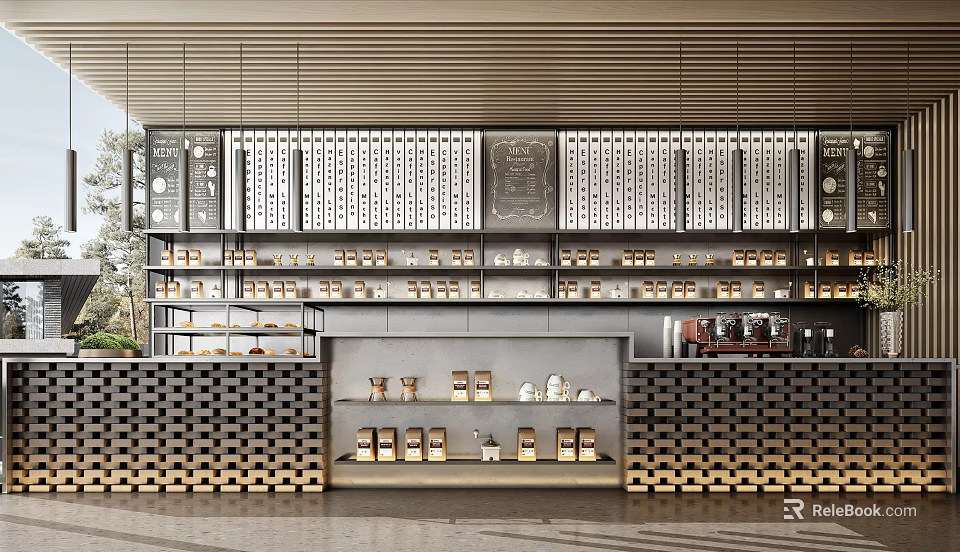 Modern Sales Office Interior With Display Shelves Counter And Warm Ambient Lighting 3d model 