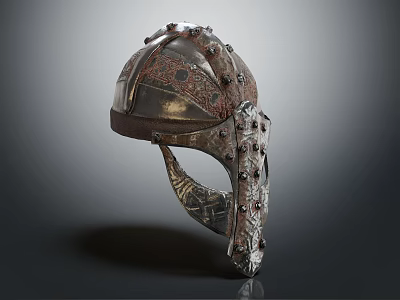 Ancient Decorative Metal Helmet With Intricate Patterns Rivets And Face Guard 3d model