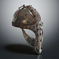 Ancient Decorative Metal Helmet With Intricate Patterns Rivets And Face Guard 3d model
