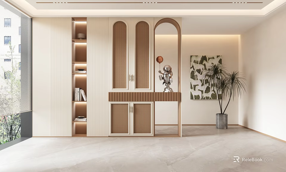 Modern Entryway Hallway Design With Cabinetry Shelves Potted Plant And Arched Decor 3d model 