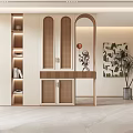 Modern Entryway Hallway Design With Cabinetry Shelves Potted Plant And Arched Decor