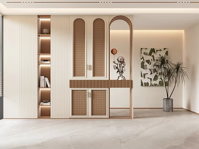 Modern Entryway Hallway Design With Cabinetry Shelves Potted Plant And Arched Decor 3d model