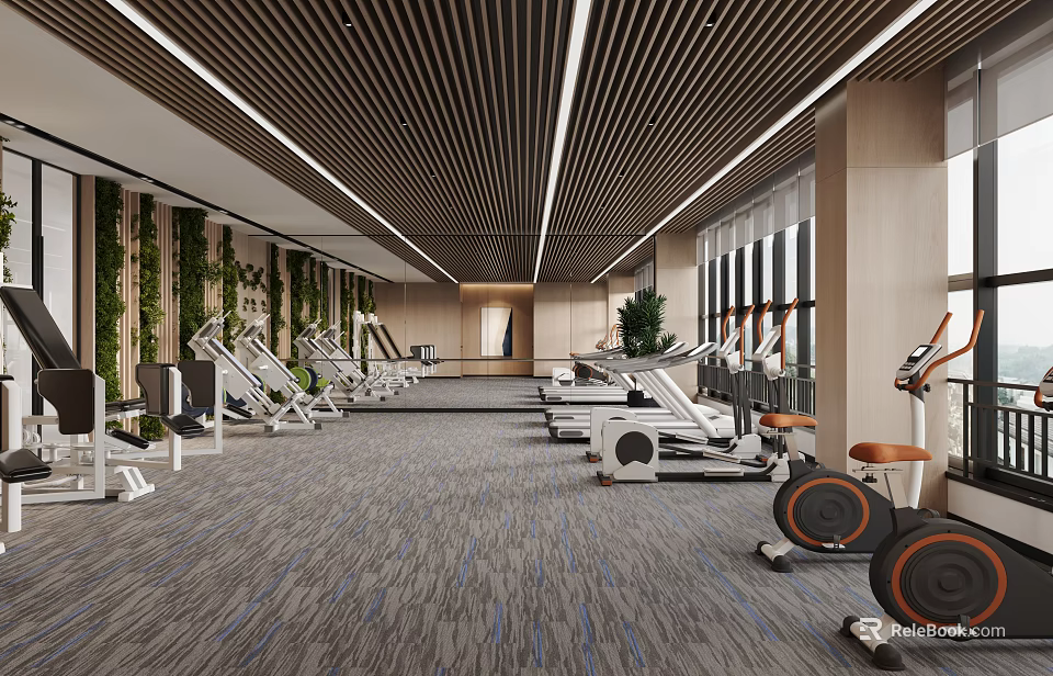Spacious Modern Gym Interior With Various Fitness Equipment And Green Plant Wall 3d model 