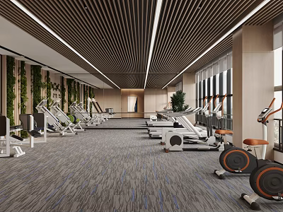 Spacious Modern Gym Interior With Various Fitness Equipment And Green Plant Wall 3d model