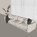 Beige Three-Seater Sofa With White Black Pillows And Potted Plant Near White Blinds