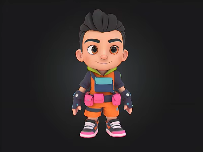Cartoon Style Boy Character with Black Hair Orange Pink Outfit Wrist Guards and Sneakers 3d model